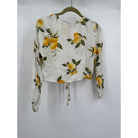 Womens Cottagecore Lemon Print Top Size M Botanical Mediterranean Fruit Cropped - Picture 2 of 8